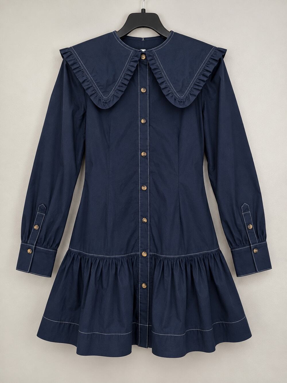 GANNI Navy Organic Cotton Oversized Collar Mini Dress Size 36 NWT